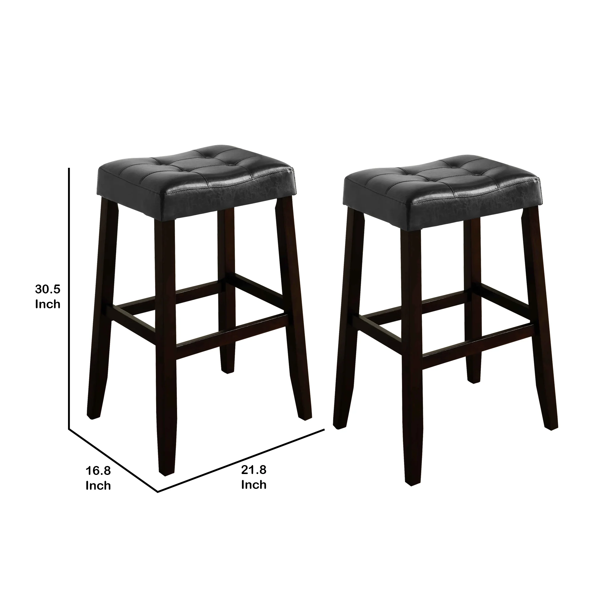 Wooden Stool With Saddle Seat And Button Tufting Set Of 2 Black And Brown By Benzara - Image 5