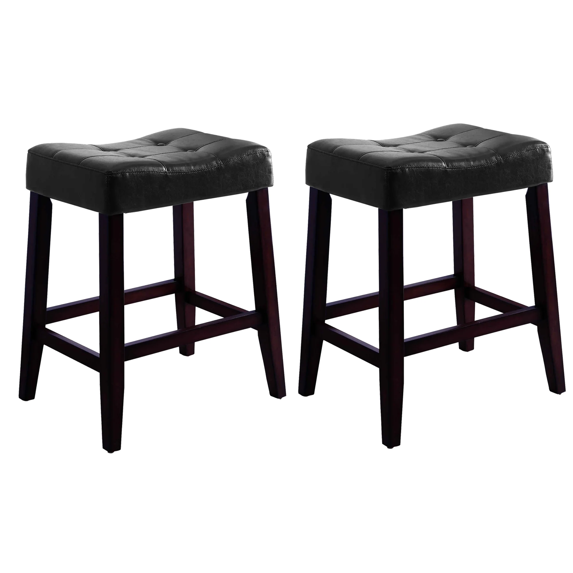 Wooden Stools With Saddle Seat And Button Tufts Set Of 2 Black And Brown By Benzara - Image 2