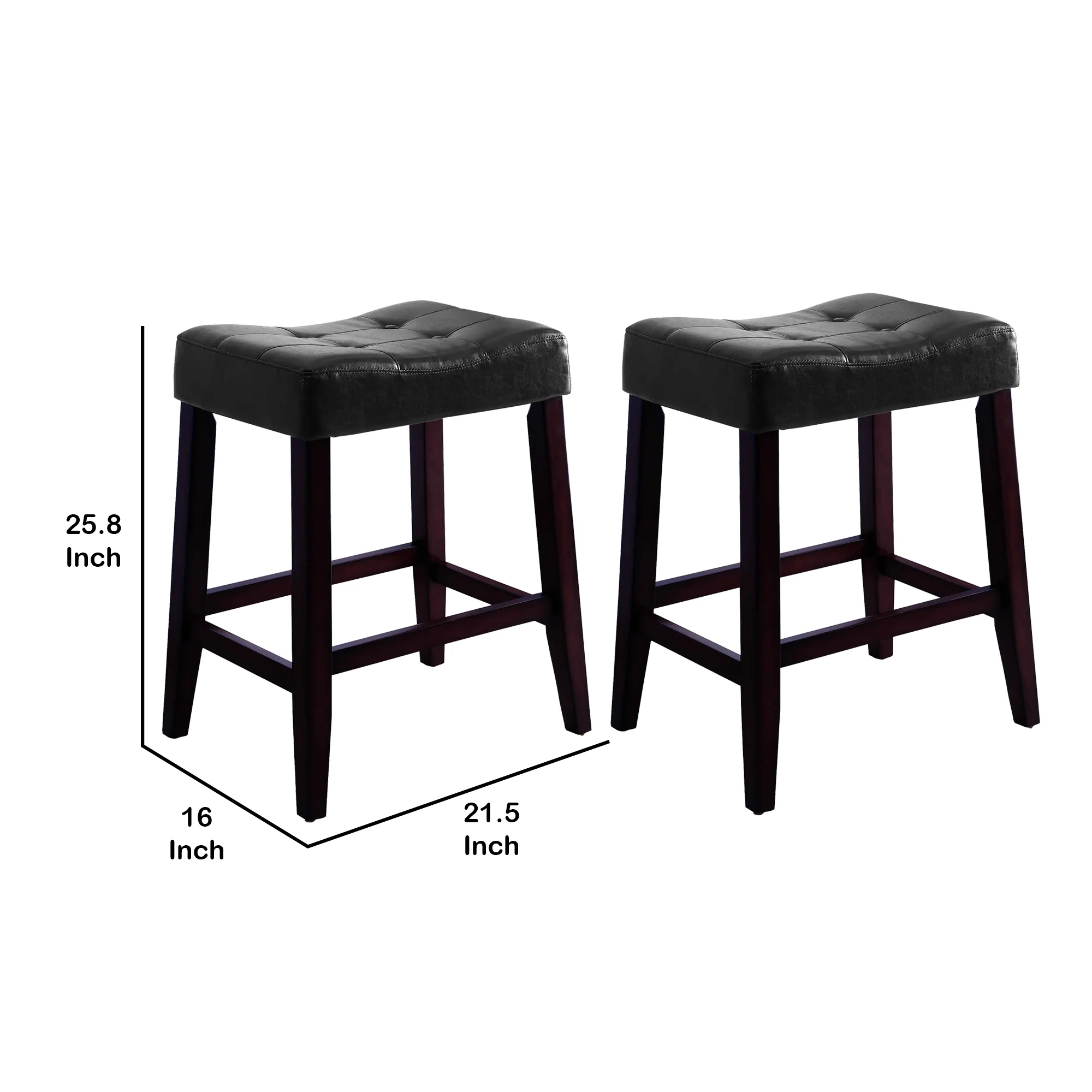 Wooden Stools With Saddle Seat And Button Tufts Set Of 2 Black And Brown By Benzara - Image 6