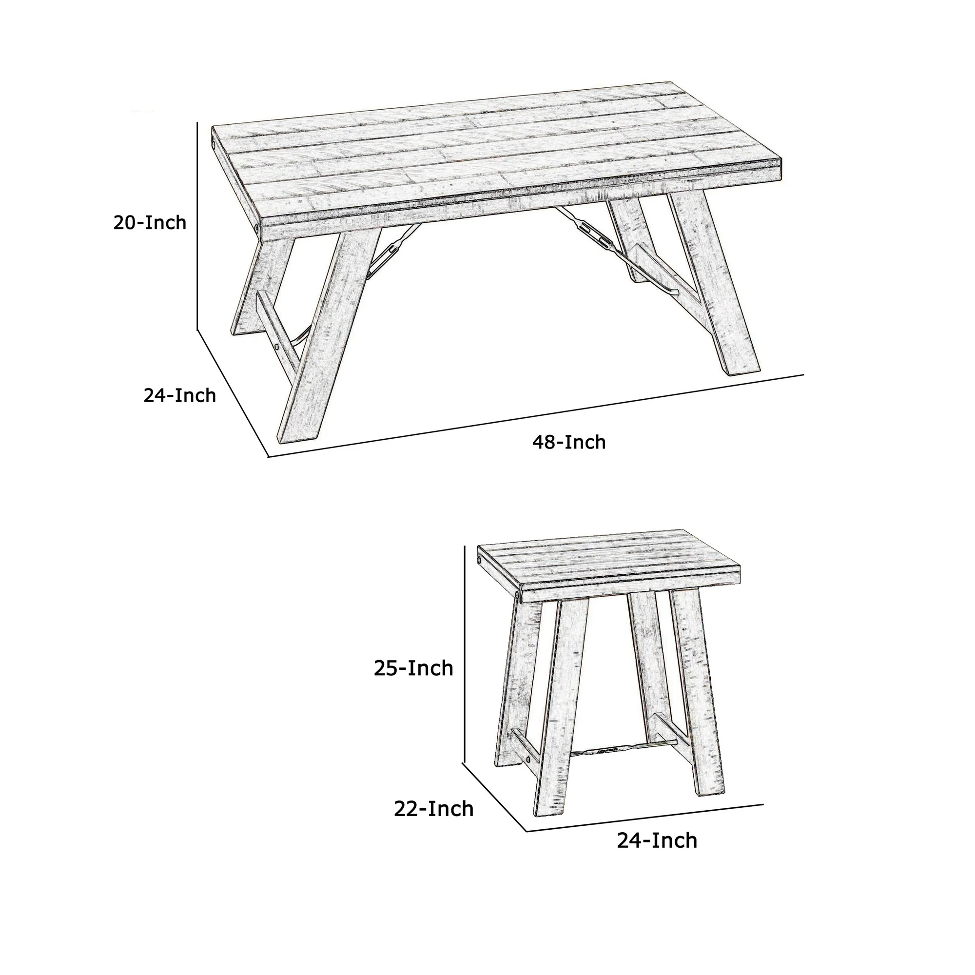Wooden Table Set with Canted Legs and Tension Bars, Washed White By Benzara - Image 6