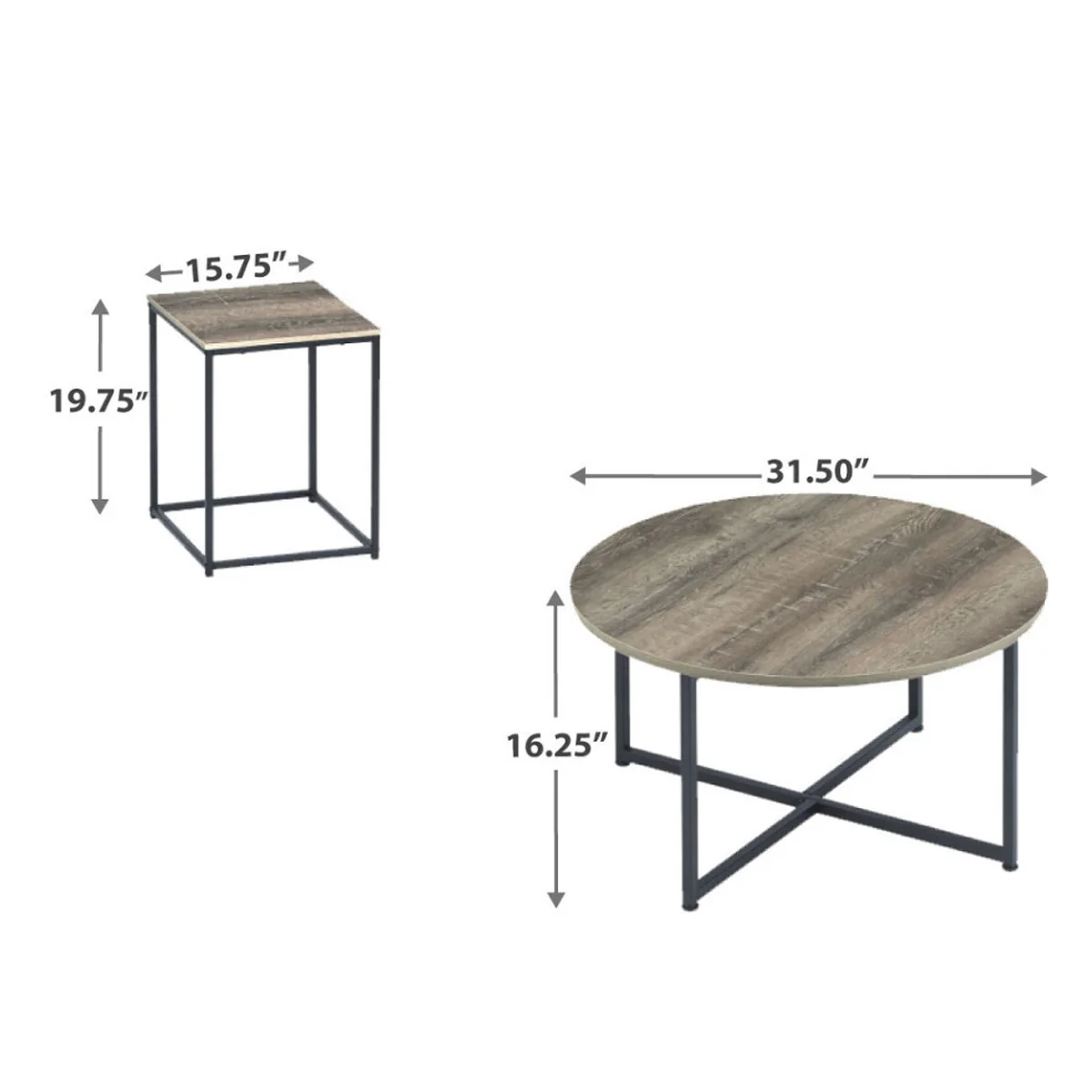 Wooden Table Set With Sturdy Metal Base, Set Of Three, Gray And Brown By Benzara - Image 5