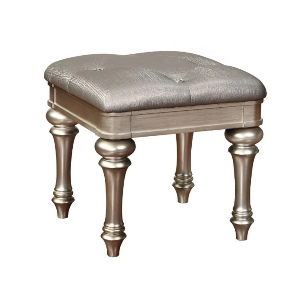 Wooden Vanity Stool with Turned Legs and Leatherette Upholstered Seat, Silver By Benzara - Image 2