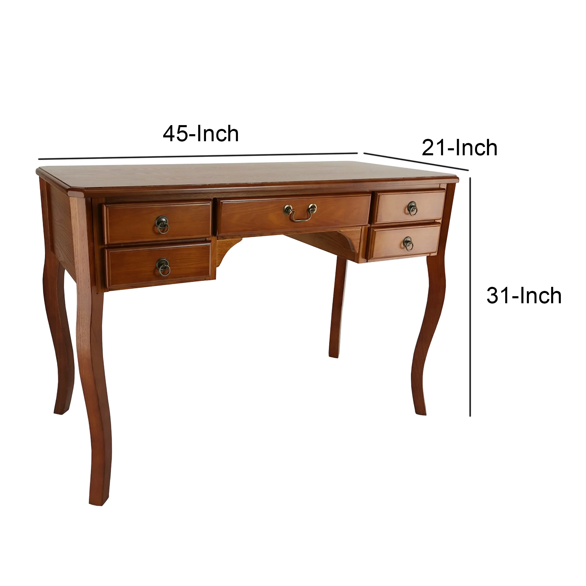 Wooden Writing Desk With Cabriole Legs And 5 Drawers, Brown By Benzara - Image 2