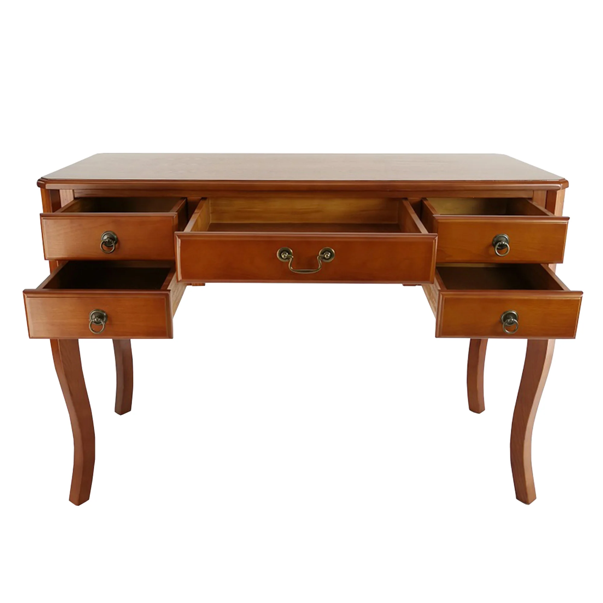 Wooden Writing Desk With Cabriole Legs And 5 Drawers, Brown By Benzara - Image 3
