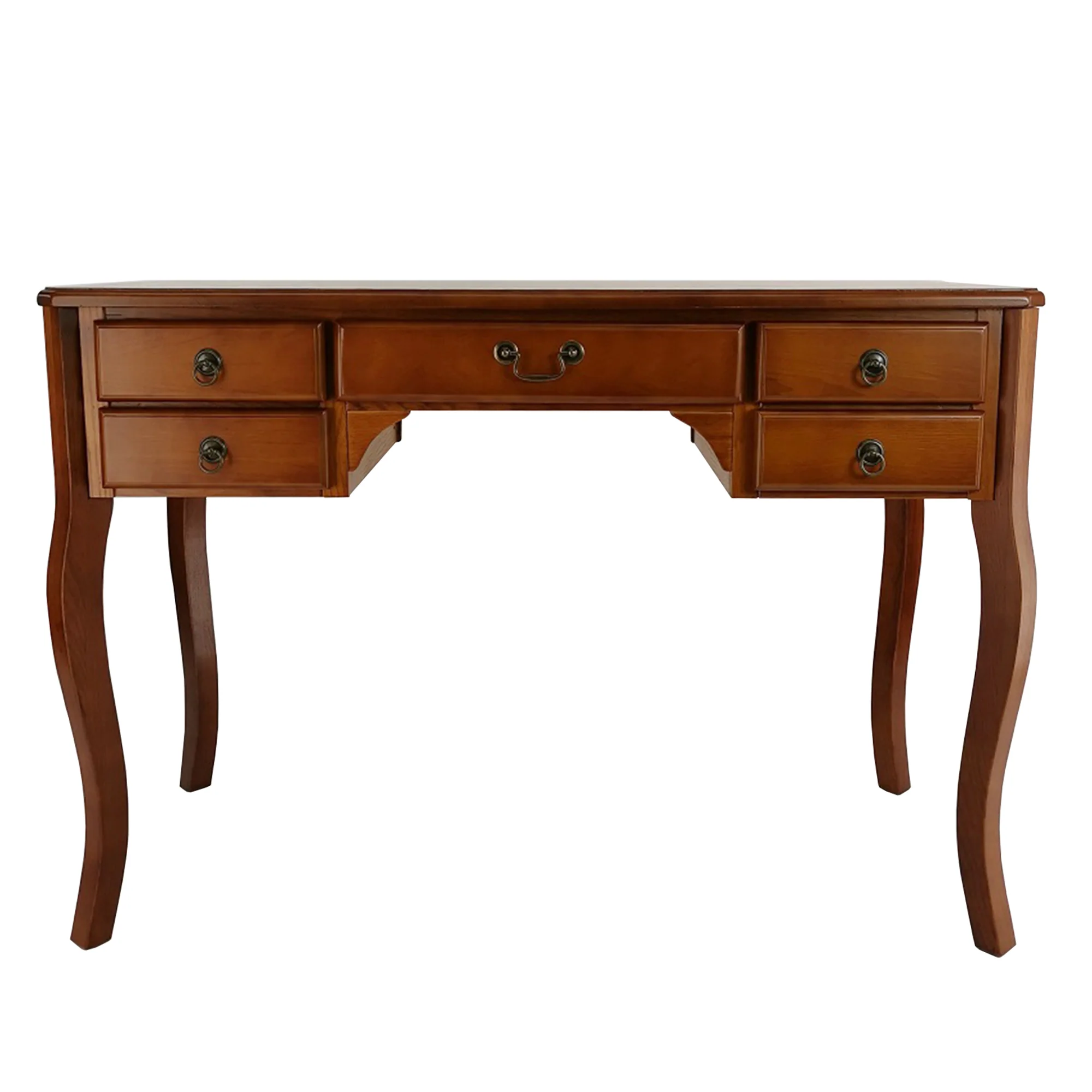 Wooden Writing Desk With Cabriole Legs And 5 Drawers, Brown By Benzara - Image 4
