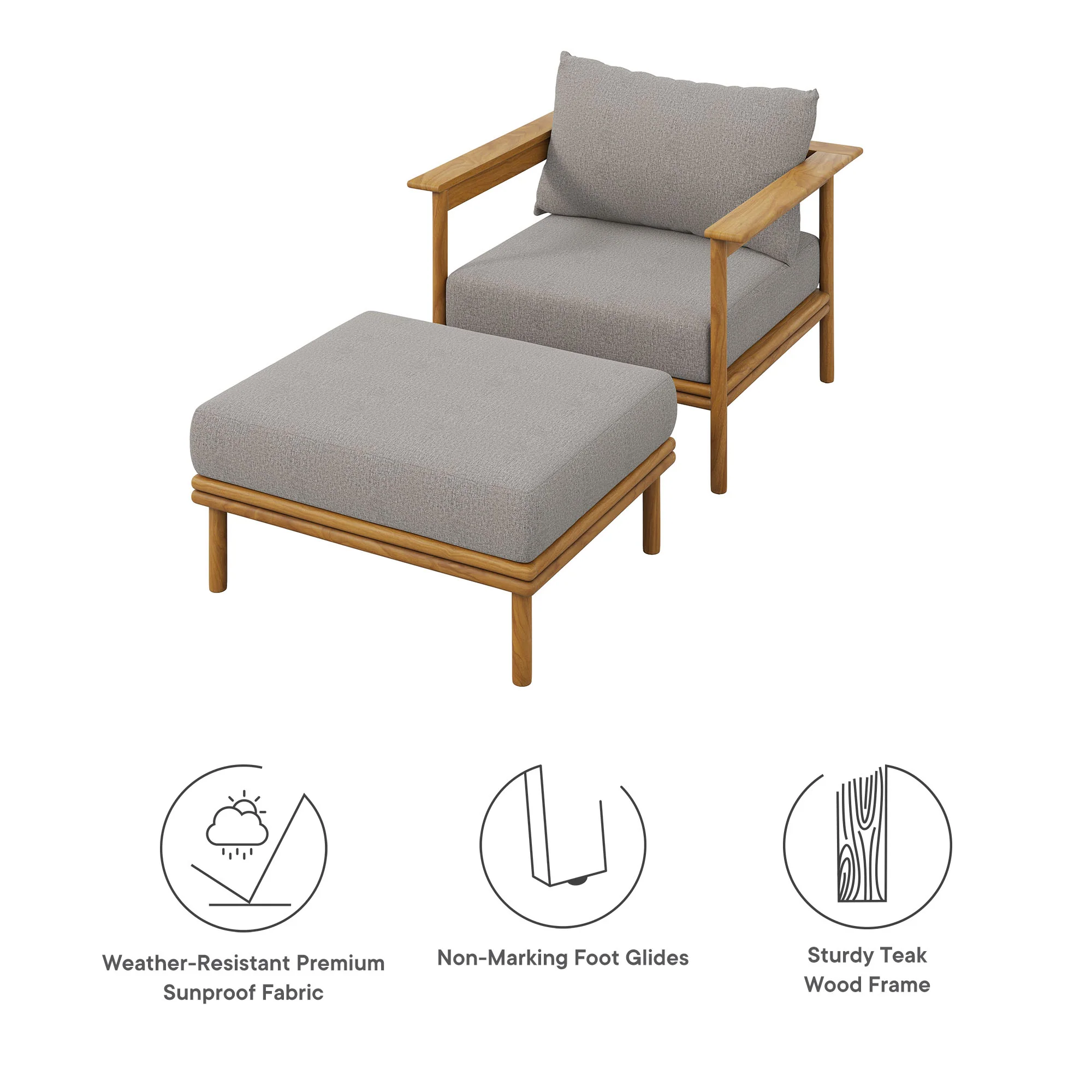 Wren Outdoor Patio Teak Wood Armchair and Ottoman Set by Modway - Image 3