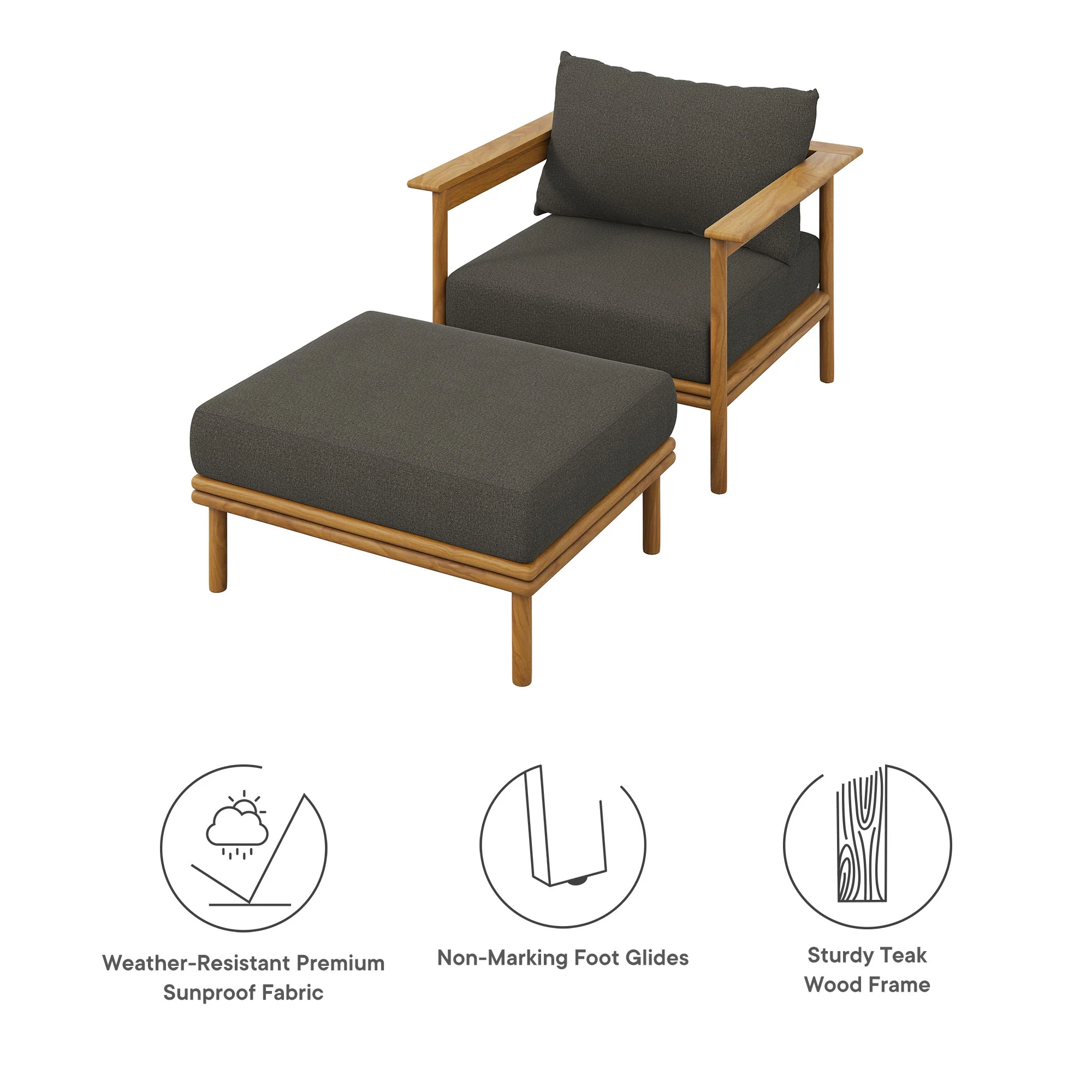 Wren Outdoor Patio Teak Wood Armchair and Ottoman Set by Modway - Image 6