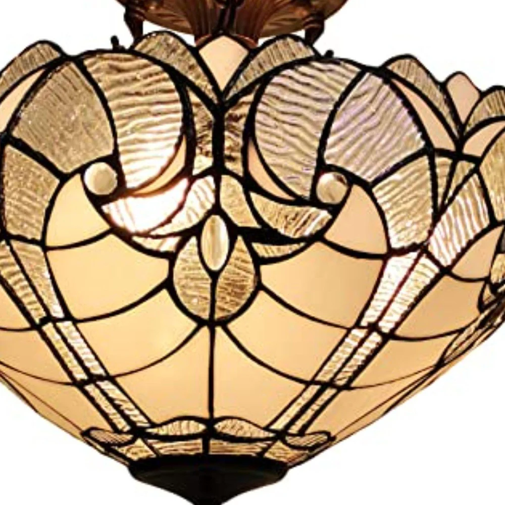 Yellow and Brown Two Light Tiffany Style Semi Flush Dimmable Ceiling Light By Homeroots - Image 2