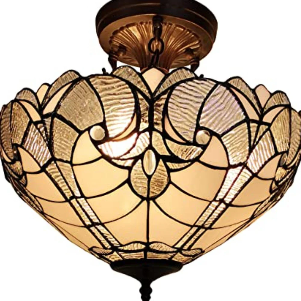 Yellow and Brown Two Light Tiffany Style Semi Flush Dimmable Ceiling Light By Homeroots - Image 4