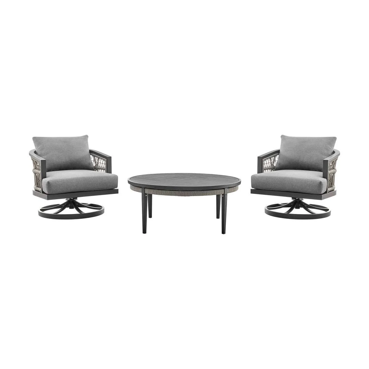 Zella Outdoor Patio 3 Piece Swivel Seating Set in Aluminum with Light Gray Rope and Cushions By Armen Living - Image 2