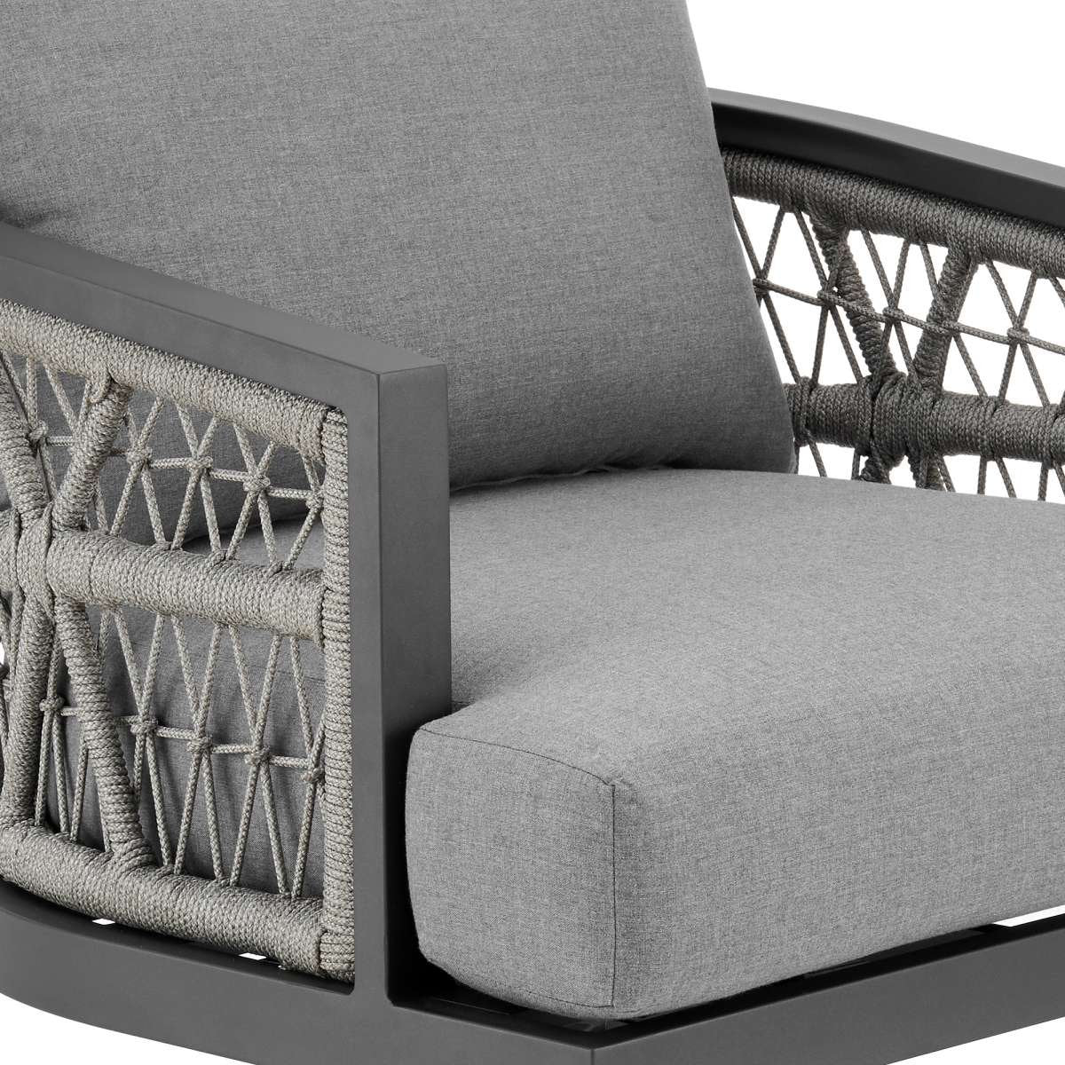 Zella Outdoor Patio 3 Piece Swivel Seating Set in Aluminum with Light Gray Rope and Cushions By Armen Living - Image 4