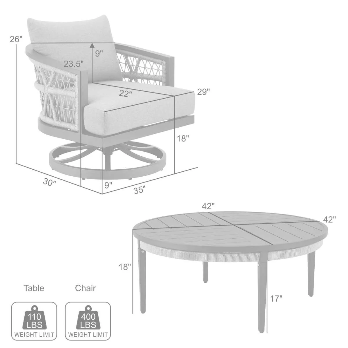 Zella Outdoor Patio 3 Piece Swivel Seating Set in Aluminum with Light Gray Rope and Cushions By Armen Living - Image 8