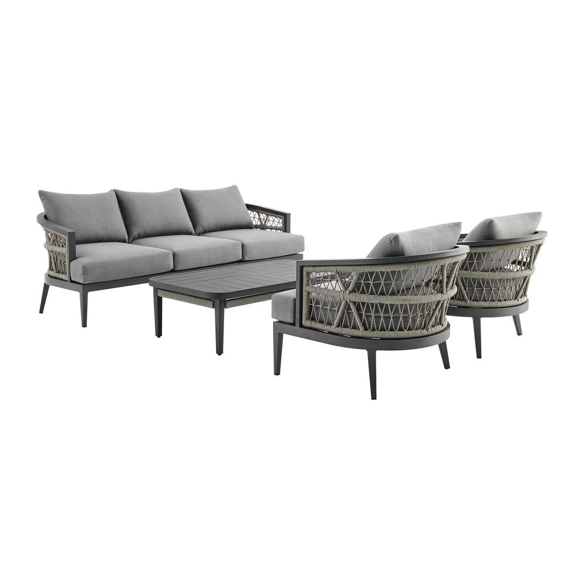 Zella Outdoor Patio 4 Piece Conversation Set in Aluminum with Light Gray Rope and Cushions By Armen Living - Image 2