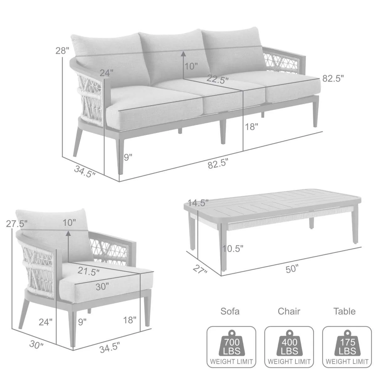 Zella Outdoor Patio 4 Piece Conversation Set in Aluminum with Light Gray Rope and Cushions By Armen Living - Image 8