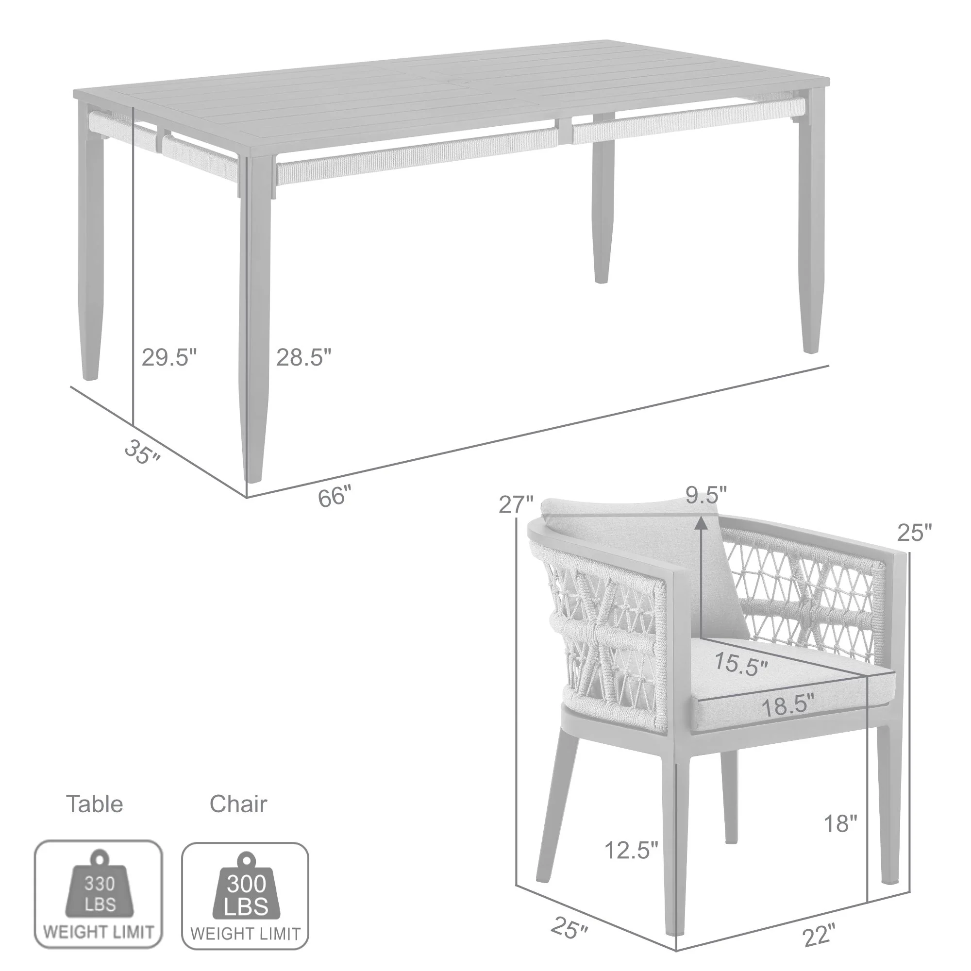 Zella Outdoor Patio 7 Piece Dining Set in Aluminum with Light Gray Rope and Cushions By Armen Living - Image 10