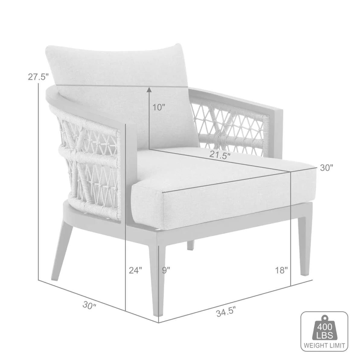 Zella Outdoor Patio Armchair in Aluminum with Light Gray Rope and Earl Gray Cushions By Armen Living - Image 8