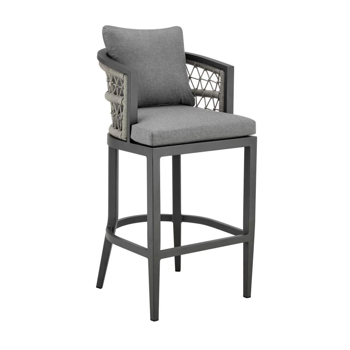 Zella Outdoor Patio Bar Stool in Aluminum with Light Gray Rope and Earl Gray Cushions By Armen Living - Image 2