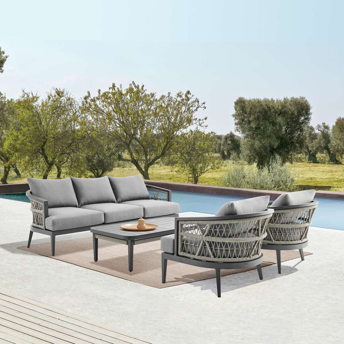 Zella Outdoor Patio Sofa in Aluminum with Light Gray Rope and Earl Gray Cushions By Armen Living - Image 2