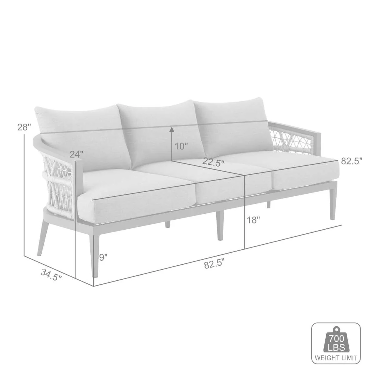 Zella Outdoor Patio Sofa in Aluminum with Light Gray Rope and Earl Gray Cushions By Armen Living - Image 7