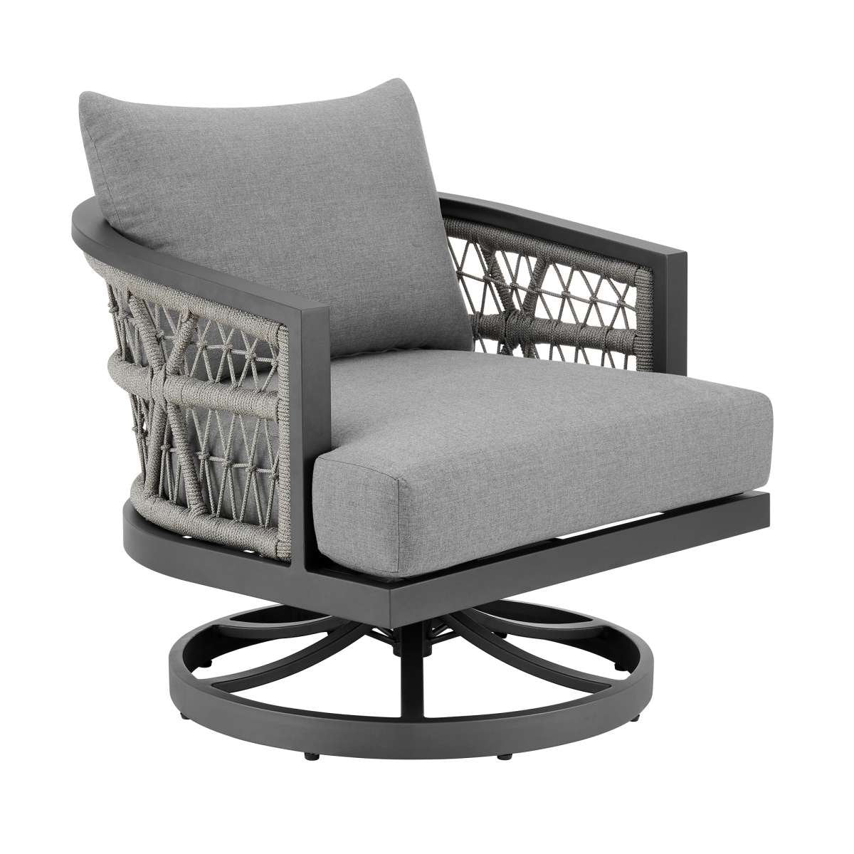 Zella Outdoor Patio Swivel Armchair in Aluminum with Light Gray Rope and Earl Gray Cushions By Armen Living - Image 3