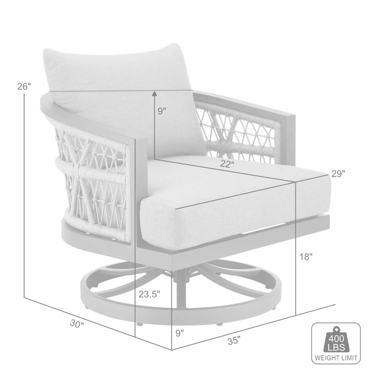 Zella Outdoor Patio Swivel Armchair in Aluminum with Light Gray Rope and Earl Gray Cushions By Armen Living - Image 8