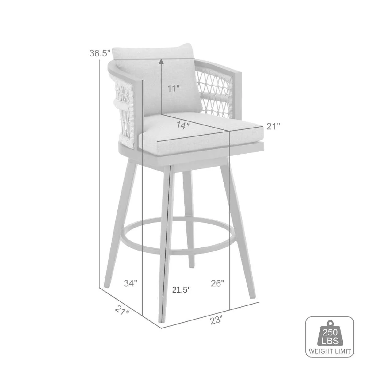 Zella Outdoor Patio Swivel Counter Stool in Aluminum with Light Gray Rope and Earl Gray Cushions By Armen Living - Image 7