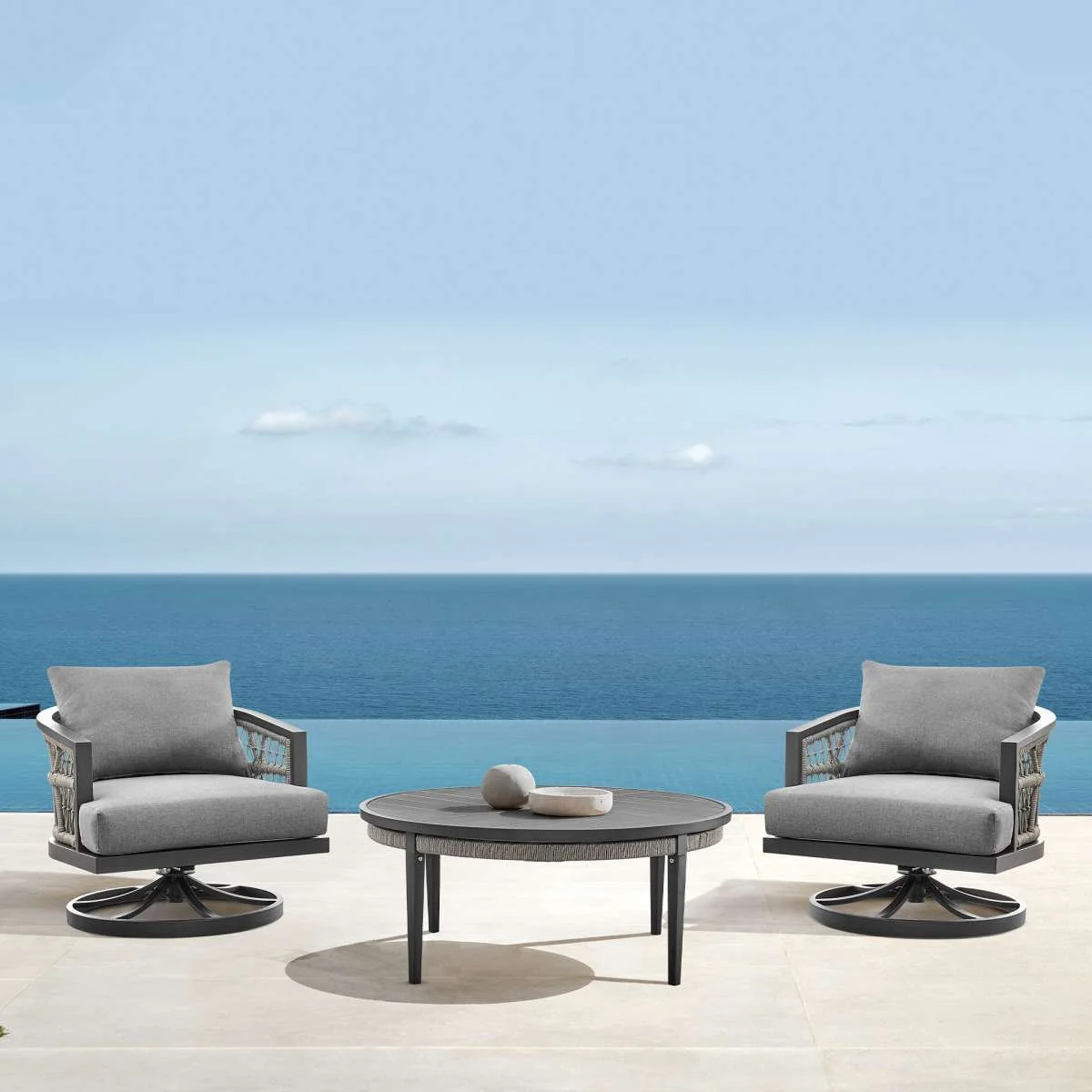 Zella Round Coffee Table in Aluminum with Charcoal Finish and Light Gray Rope By Armen Living - Image 2