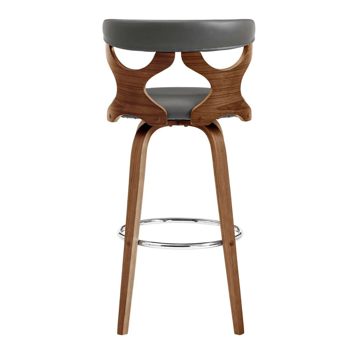 Zenia 30" Swivel Bar Stool in Gray Faux Leather and Walnut Wood By Armen Living - Image 2