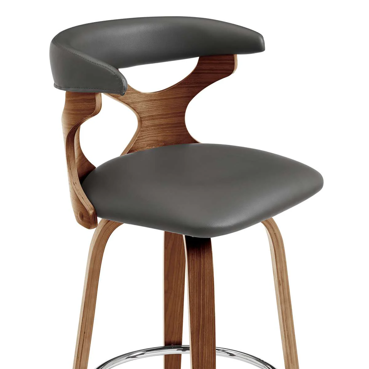 Zenia 30" Swivel Bar Stool in Gray Faux Leather and Walnut Wood By Armen Living - Image 3