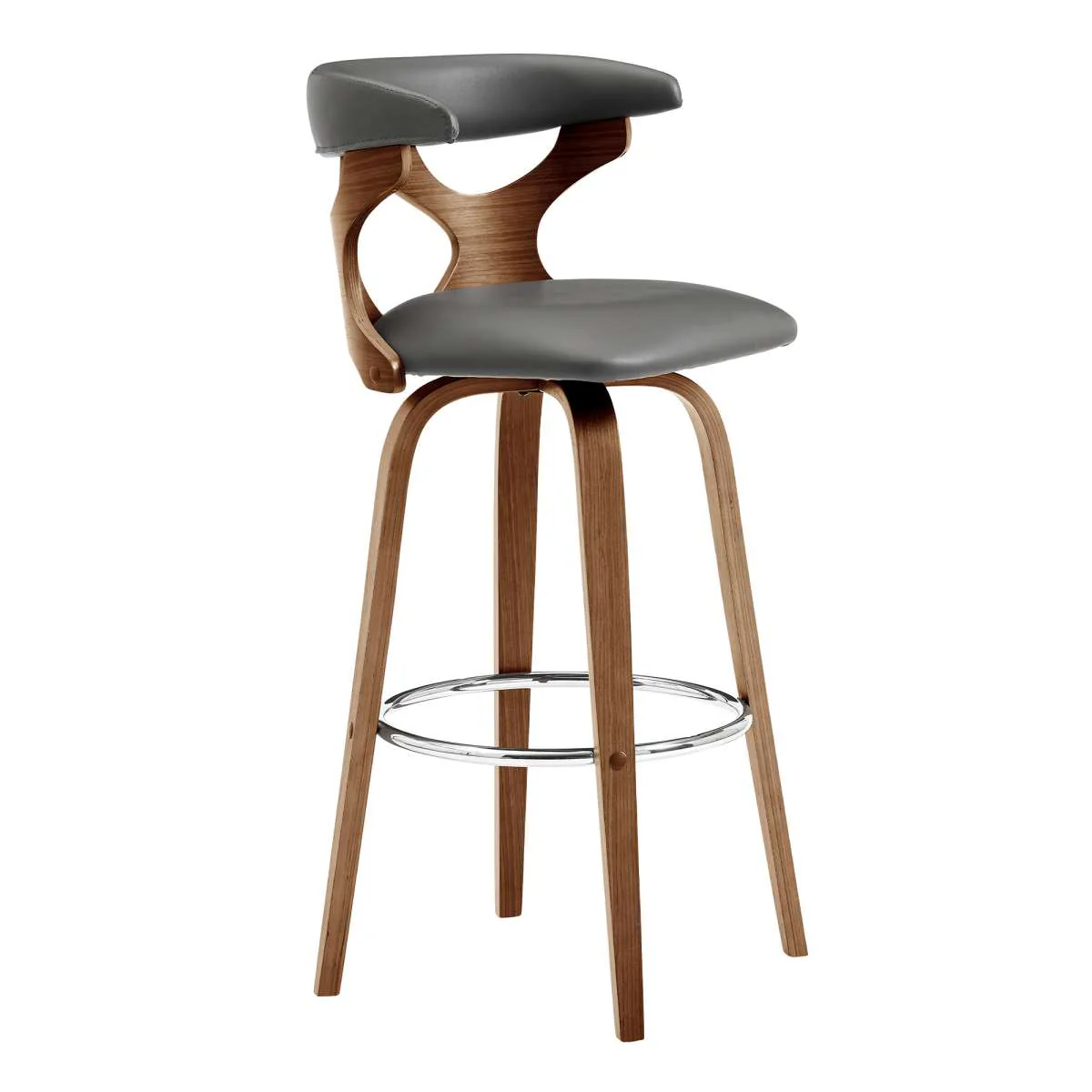 Zenia 30" Swivel Bar Stool in Gray Faux Leather and Walnut Wood By Armen Living - Image 5