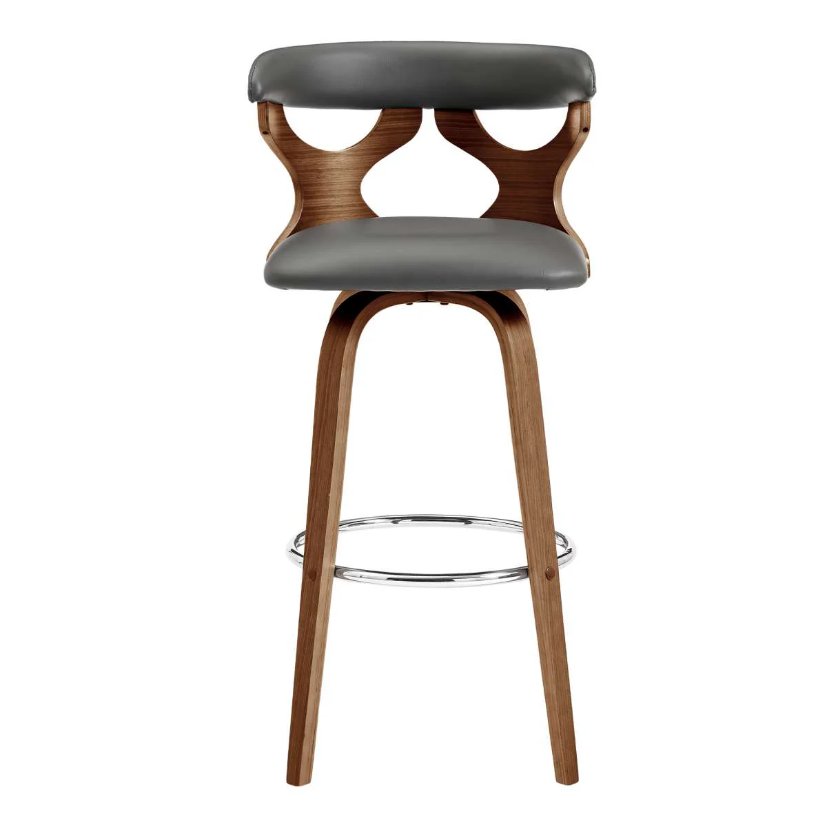 Zenia 30" Swivel Bar Stool in Gray Faux Leather and Walnut Wood By Armen Living - Image 6