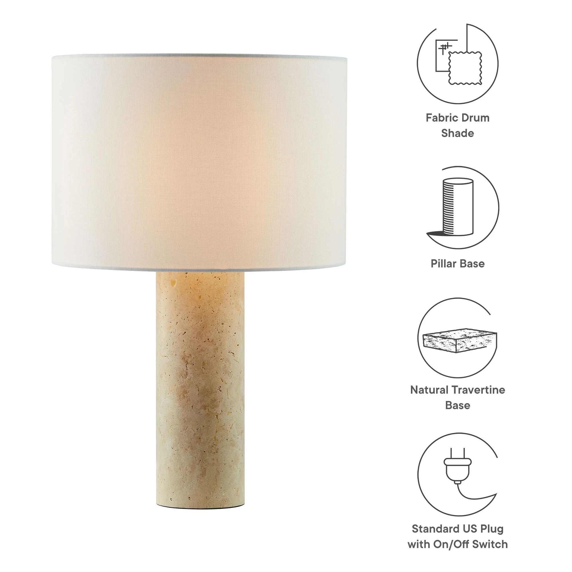 Zenith Travertine Table Lamp With Fabric Drum Shade by Modway - Image 10