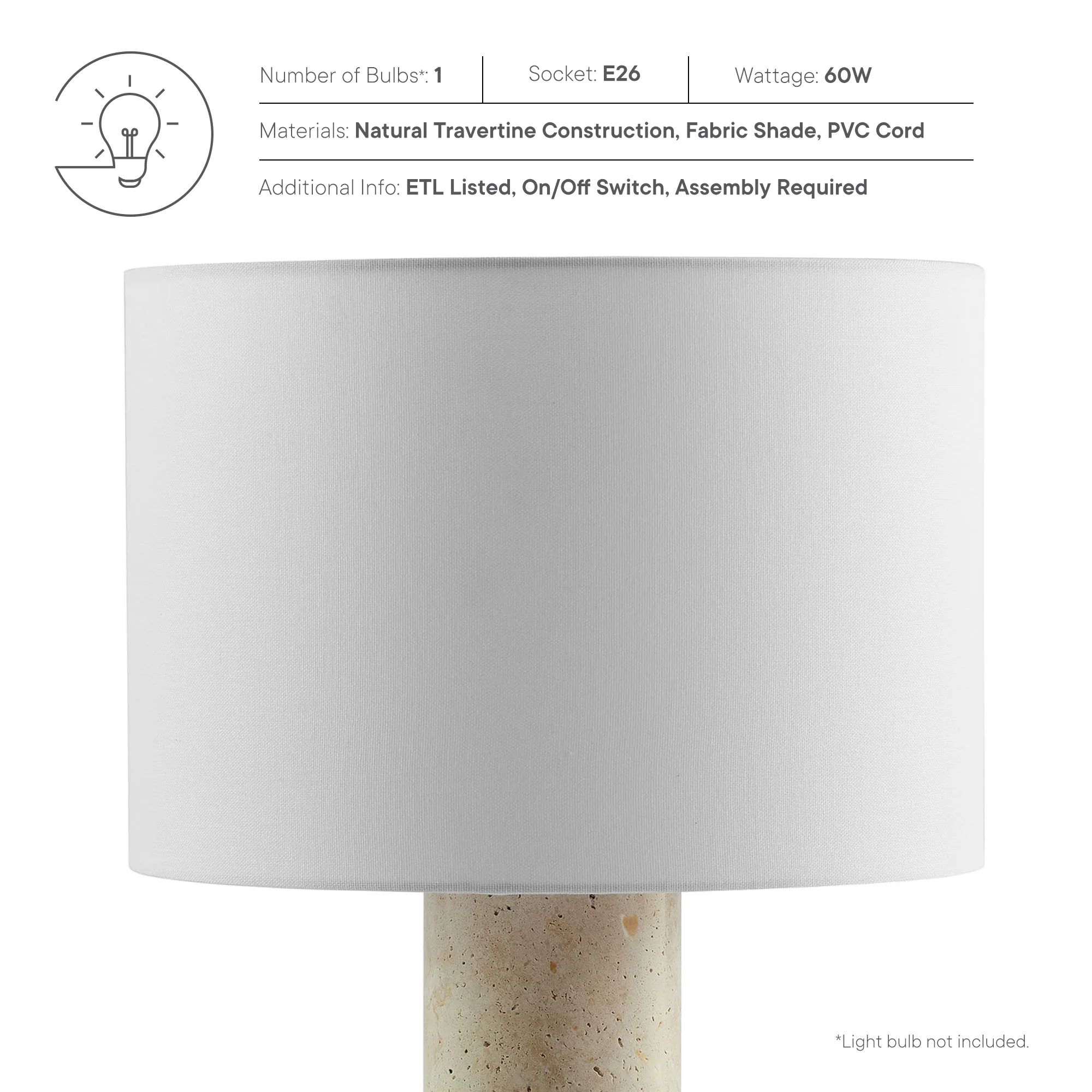Zenith Travertine Table Lamp With Fabric Drum Shade by Modway - Image 11