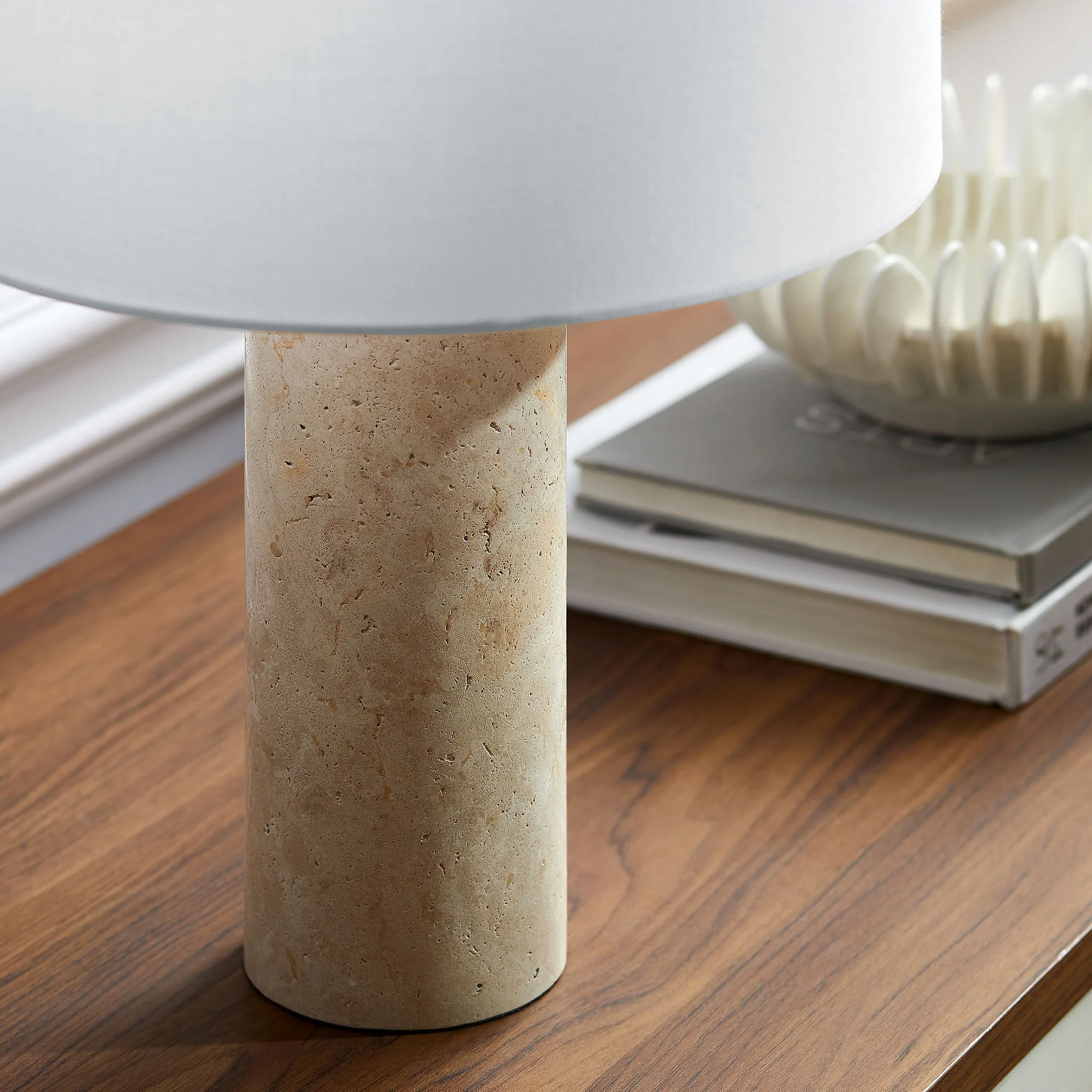 Zenith Travertine Table Lamp With Fabric Drum Shade by Modway - Image 8