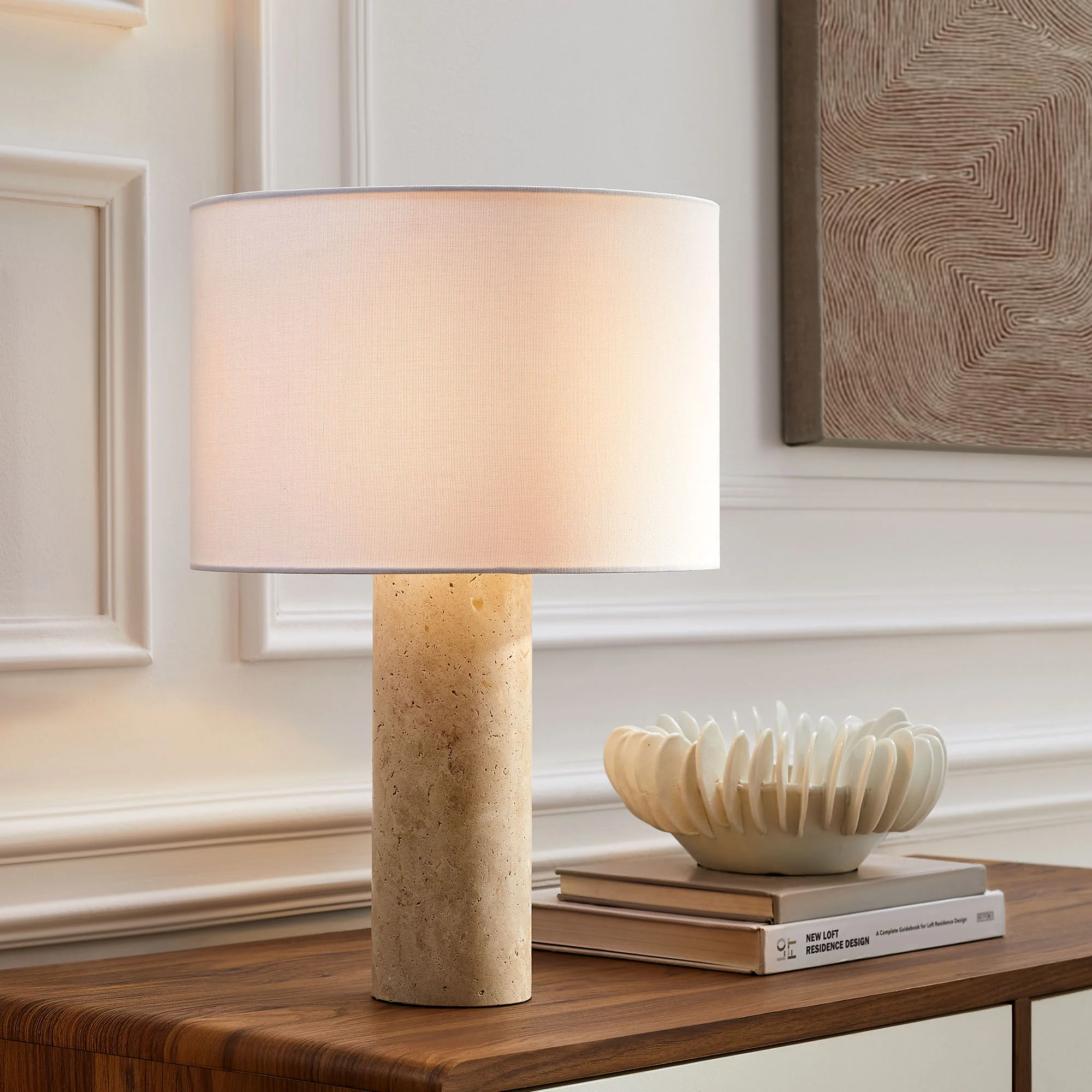 Zenith Travertine Table Lamp With Fabric Drum Shade by Modway - Image 9