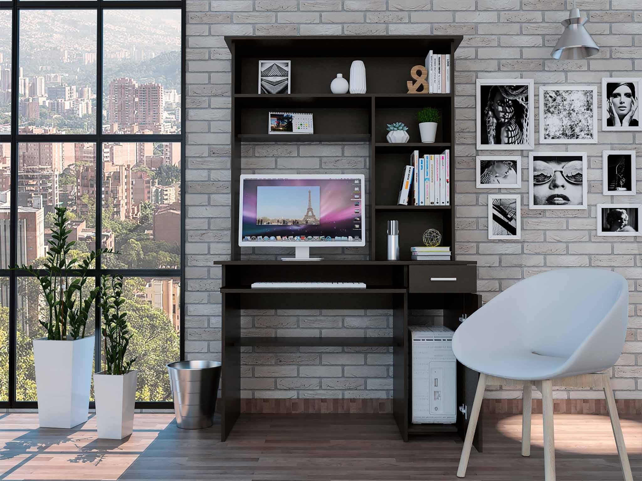 Zeno Black Computer Desk with Hutch By Homeroots - Image 3