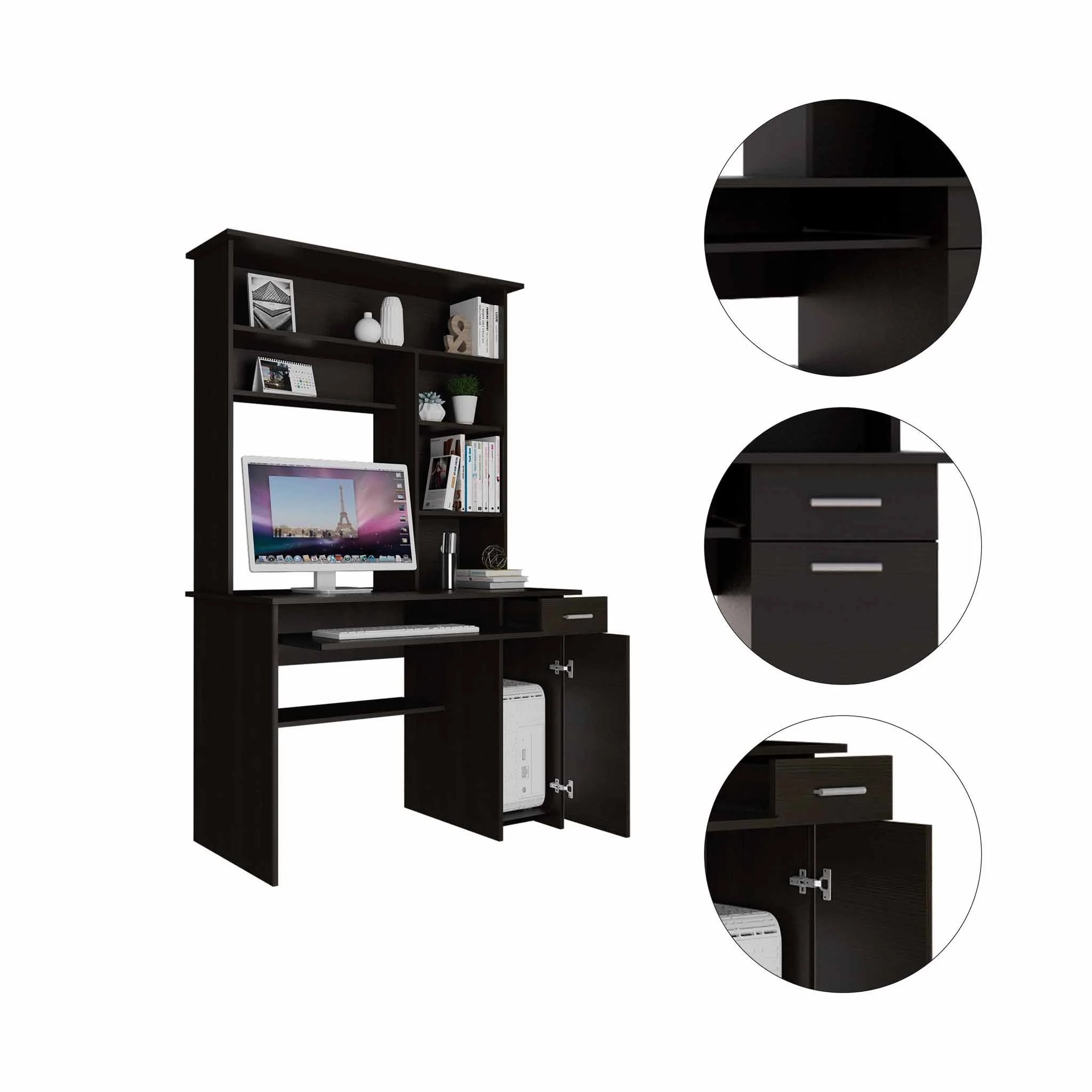 Zeno Black Computer Desk with Hutch By Homeroots - Image 4