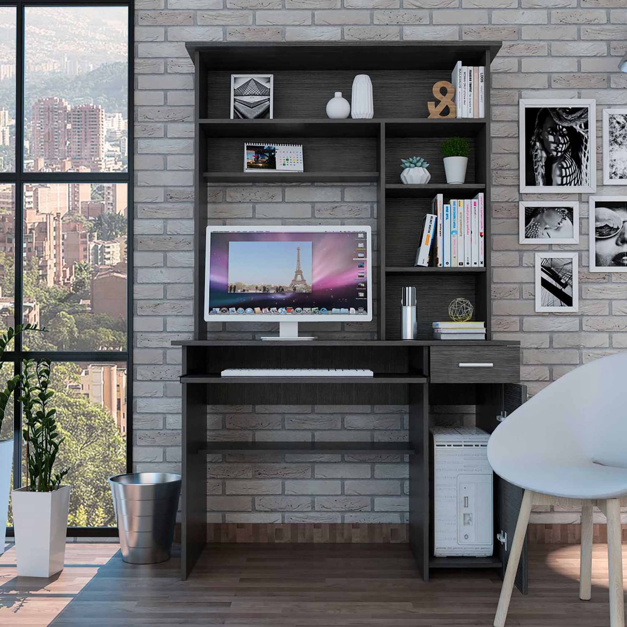 Zeno Gray Oak Computer Desk with Hutch By Homeroots - Image 3