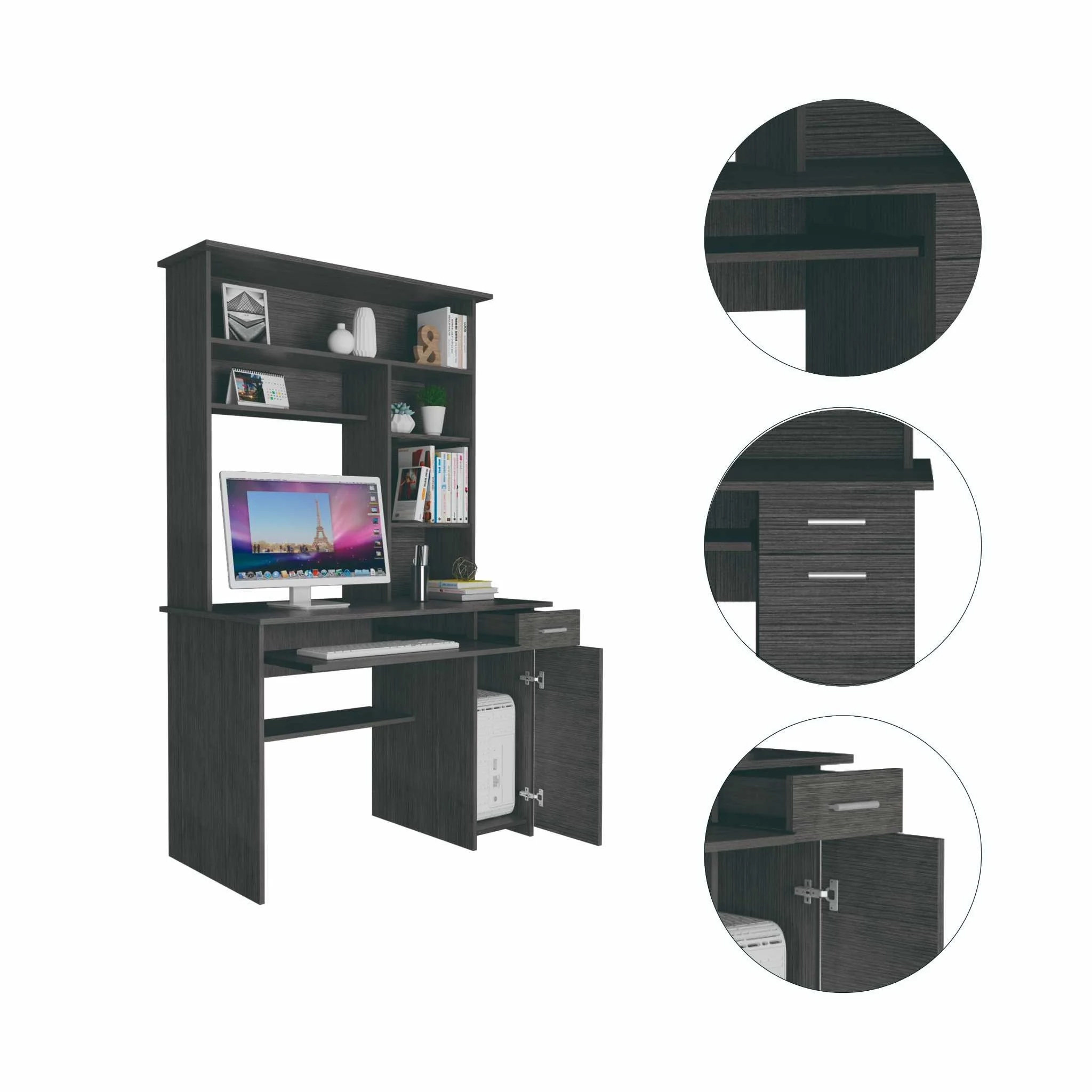 Zeno Gray Oak Computer Desk with Hutch By Homeroots - Image 4
