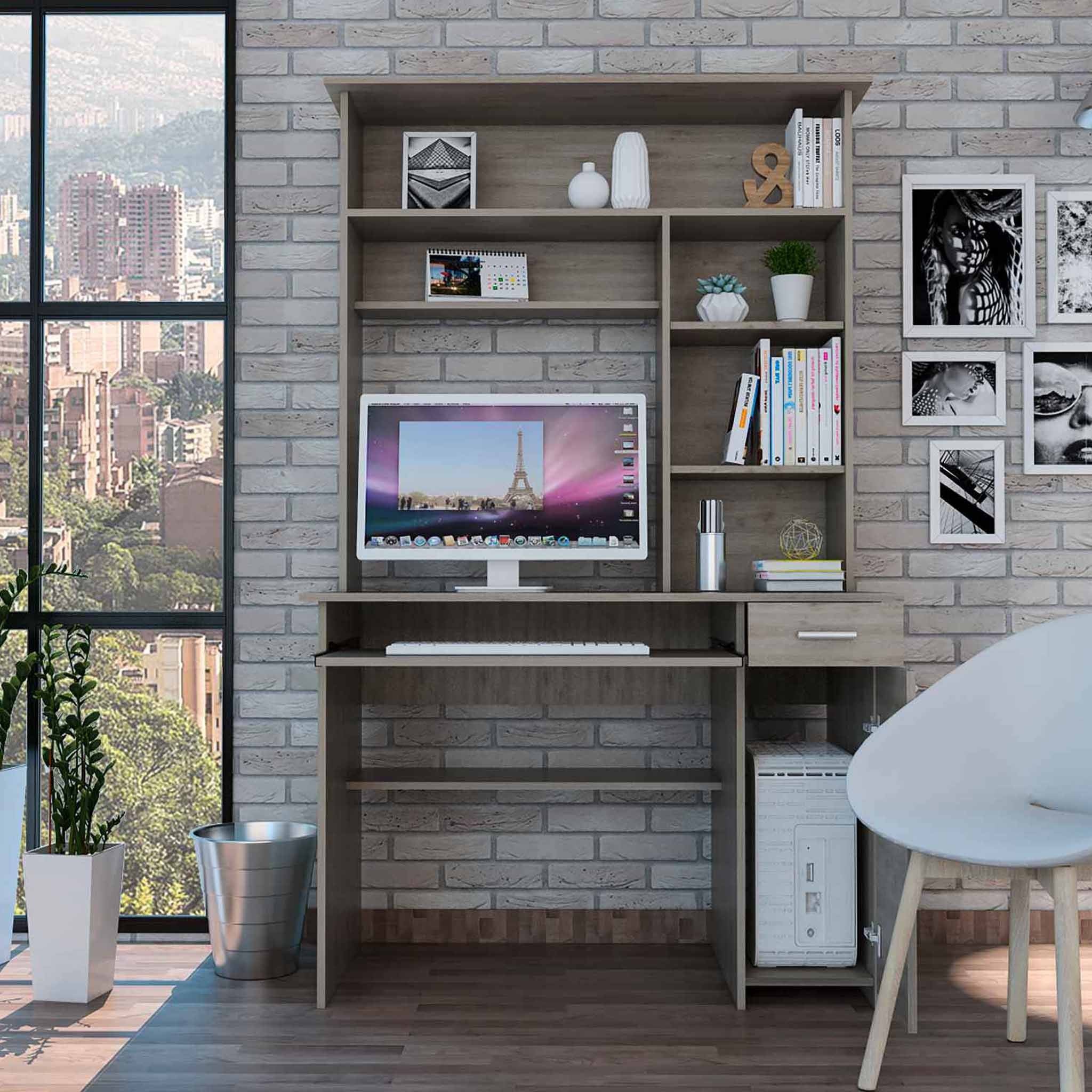 Zeno Light Gray Computer Desk with Hutch By Homeroots - Image 3