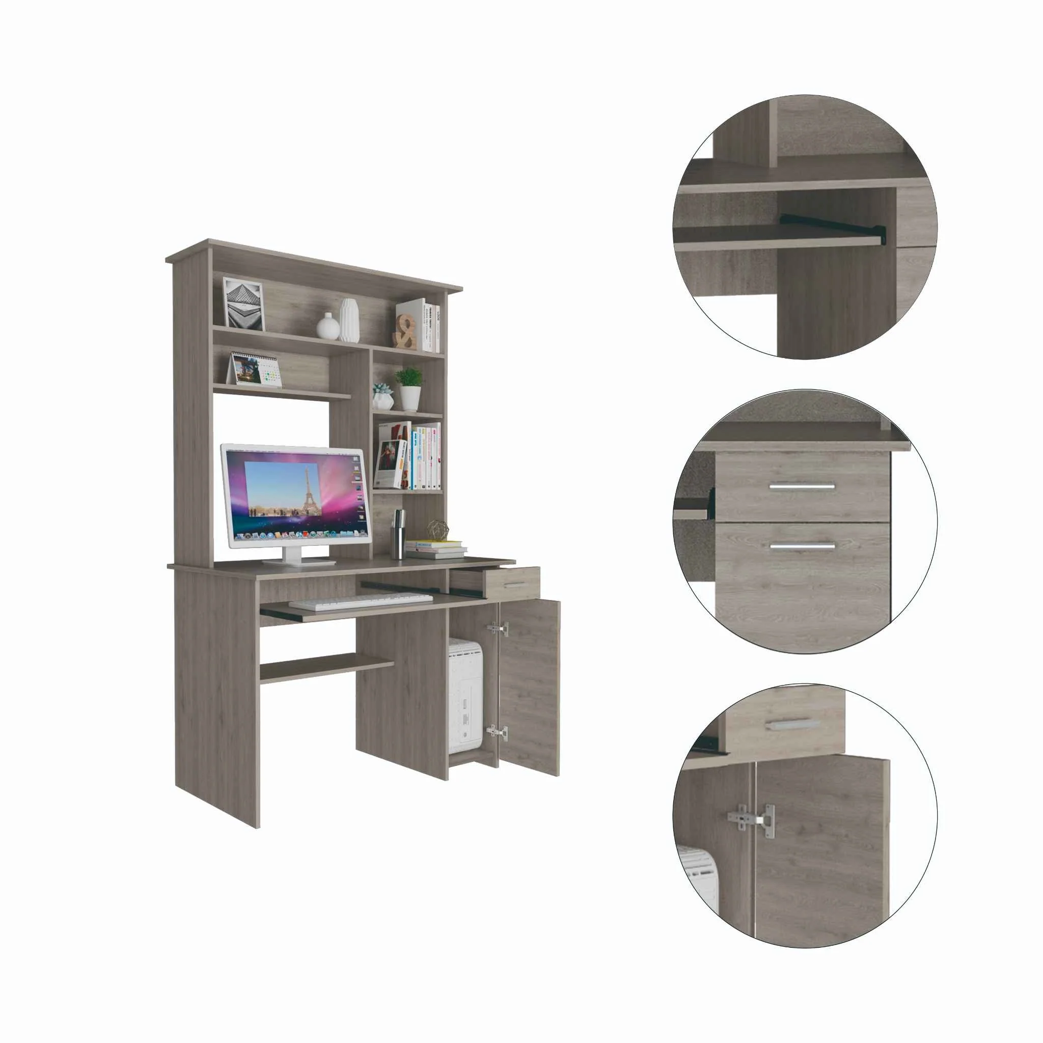 Zeno Light Gray Computer Desk with Hutch By Homeroots - Image 4
