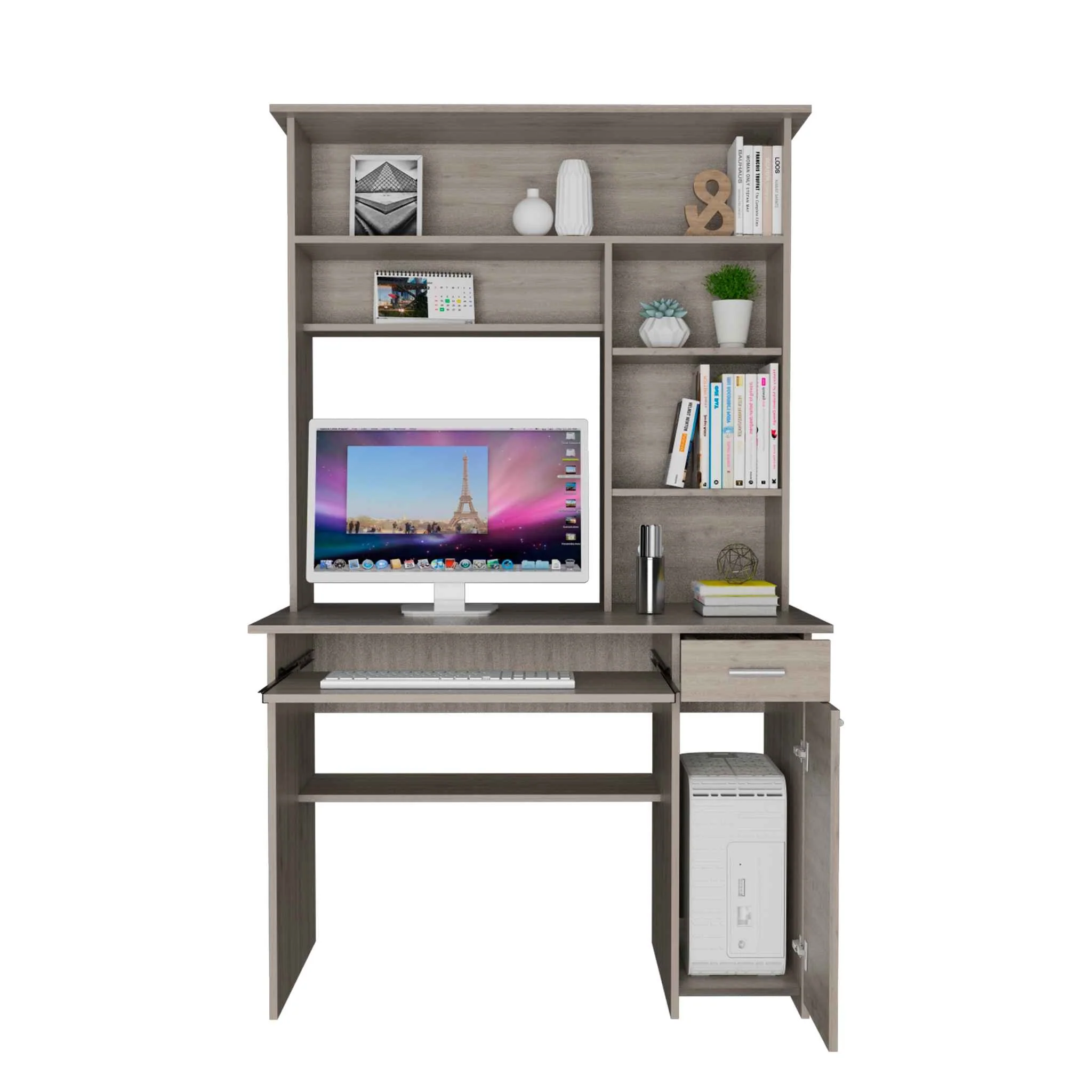 Zeno Light Gray Computer Desk with Hutch By Homeroots - Image 5