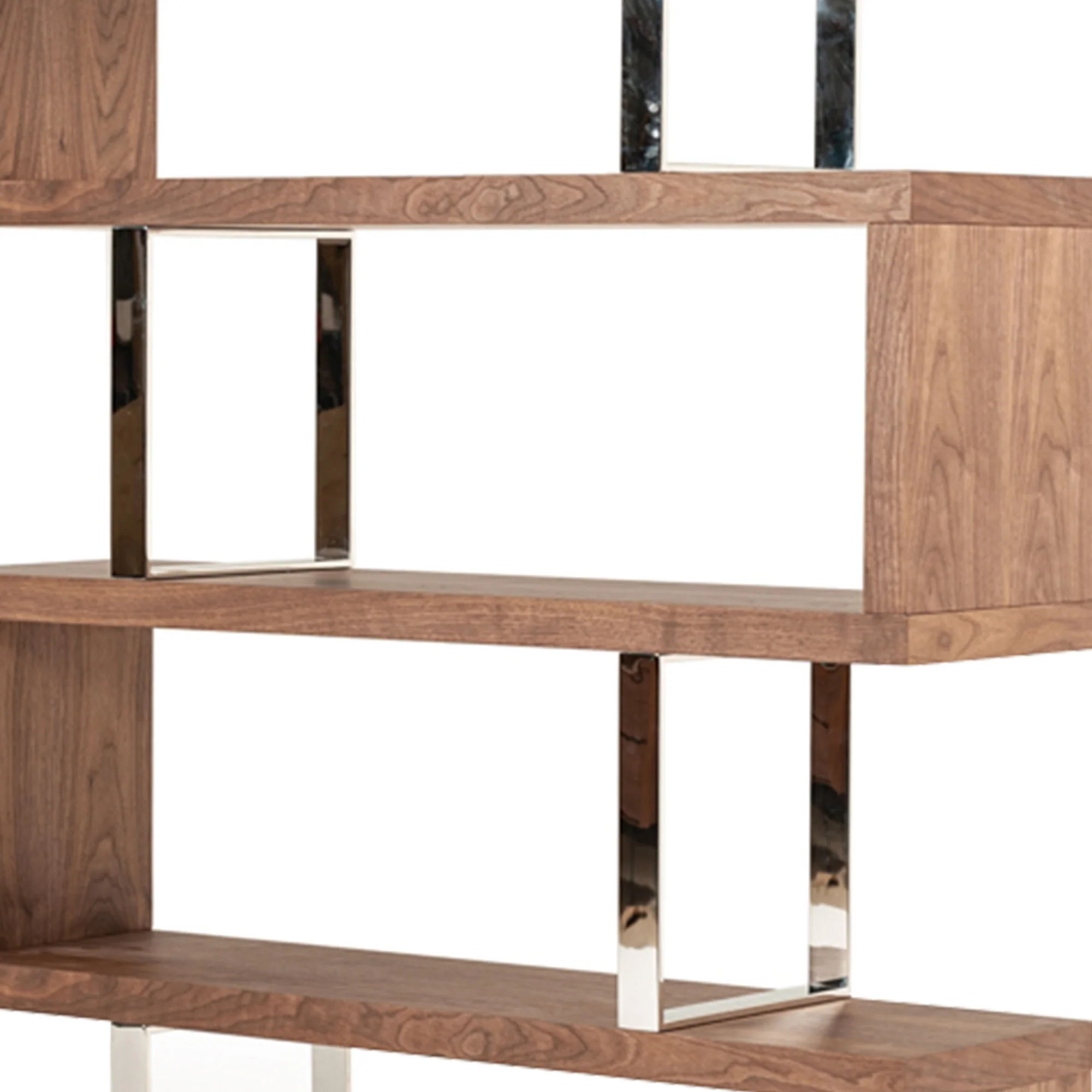 Zig Zag Wooden Frame Shelf Unit with Metal Braces Support, Brown and Silver By Benzara - Image 2
