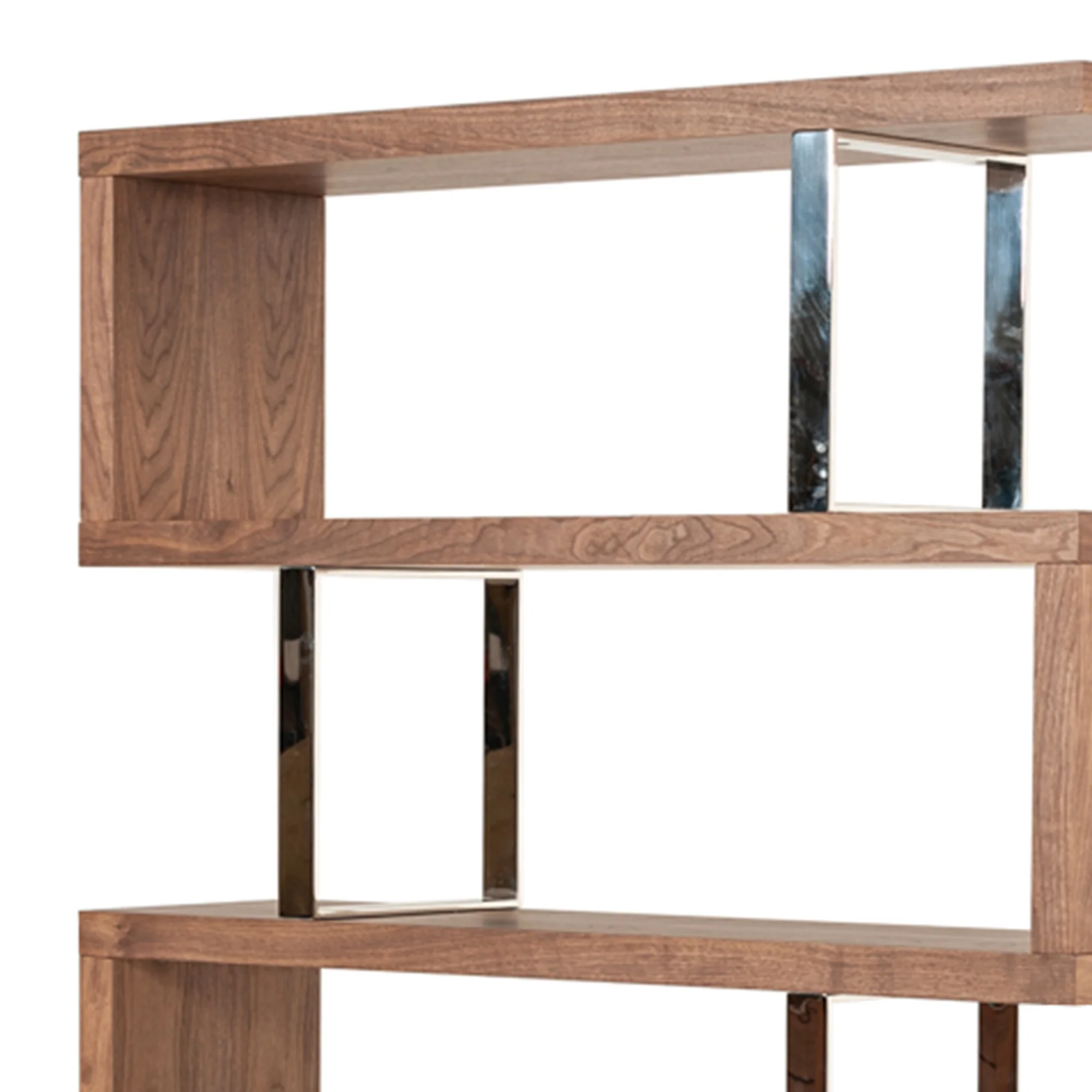 Zig Zag Wooden Frame Shelf Unit with Metal Braces Support, Brown and Silver By Benzara - Image 3