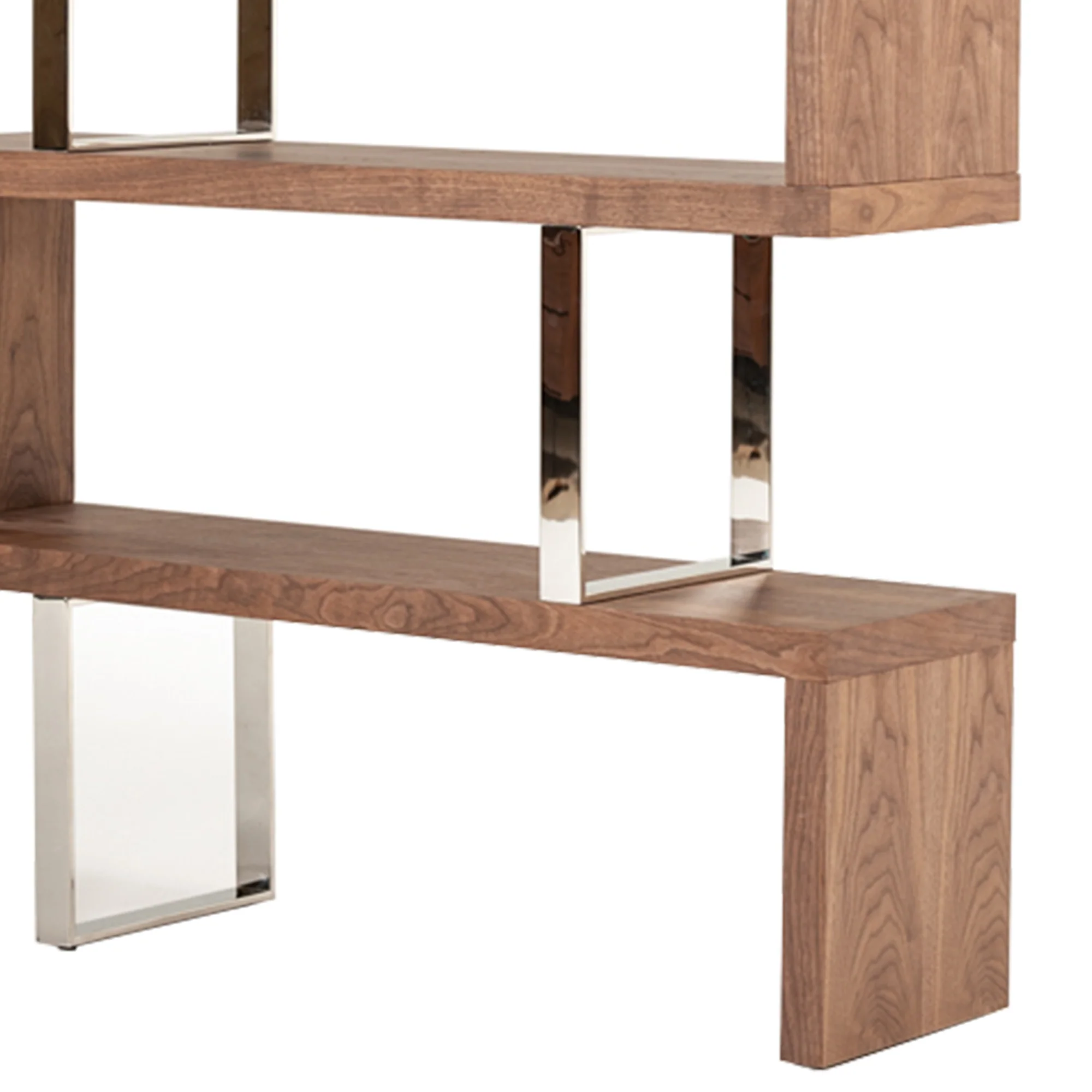 Zig Zag Wooden Frame Shelf Unit with Metal Braces Support, Brown and Silver By Benzara - Image 4