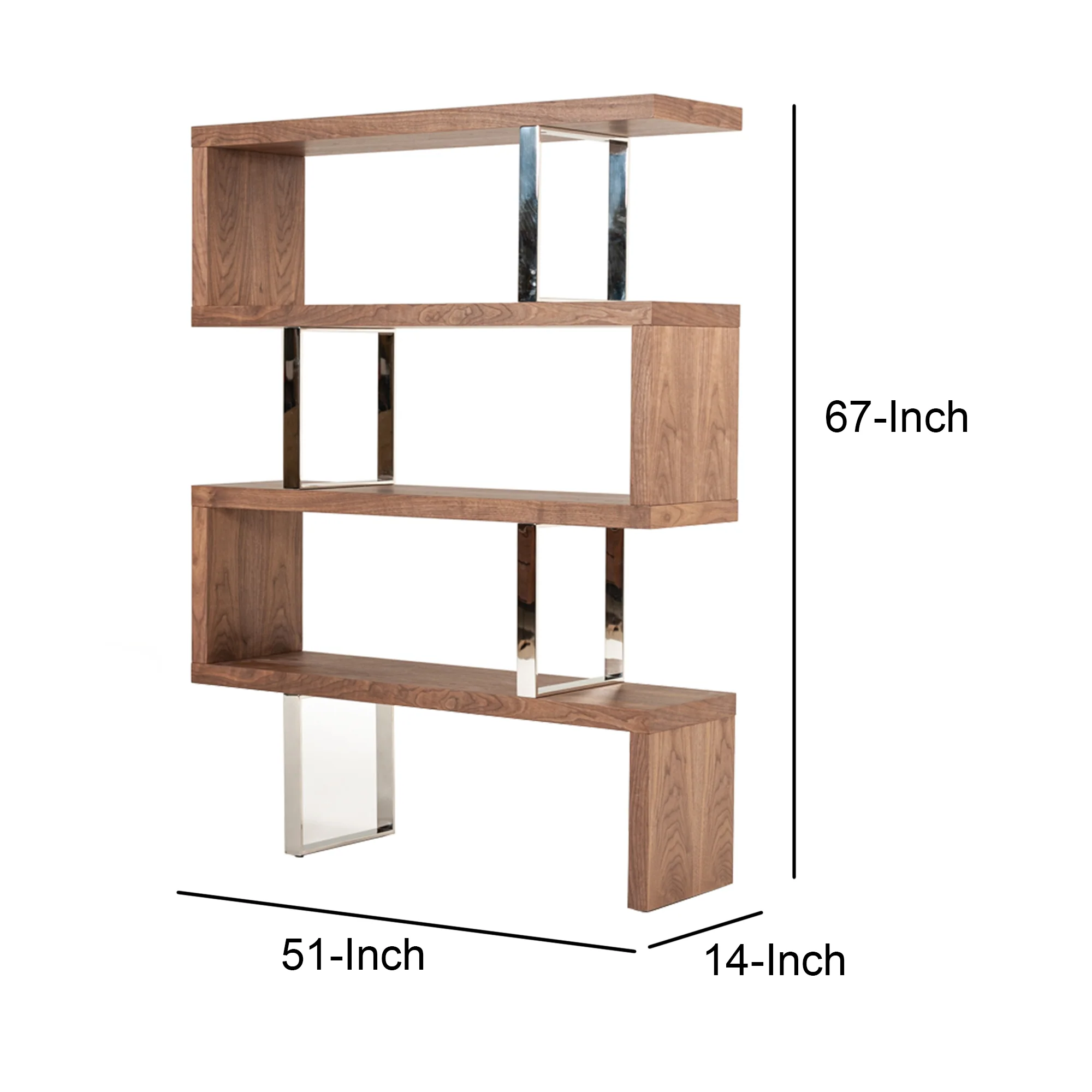 Zig Zag Wooden Frame Shelf Unit with Metal Braces Support, Brown and Silver By Benzara - Image 5