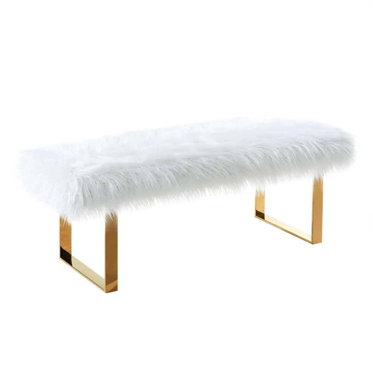 Zinna Contemporary Bench in White Fur and Gold Stainless Steel Finish By Armen Living - Image 2